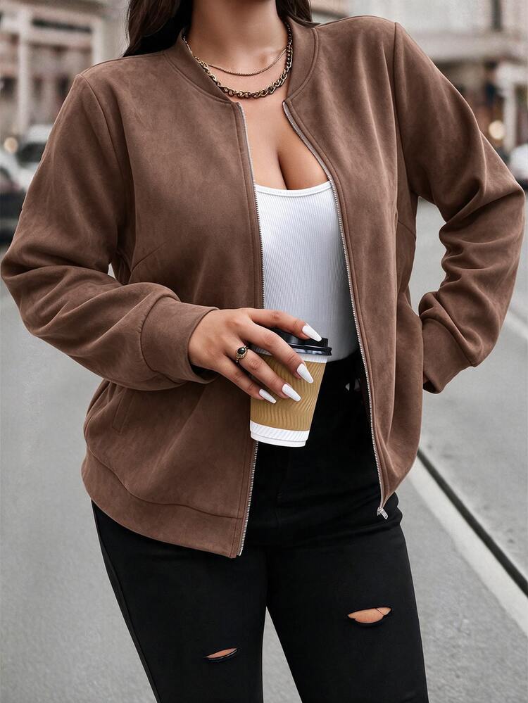 Easura Deep Brown Faux Suede Ribbed Collar Zip-Up Hooded Jacket, Vintage Plus Size Coat, Suitable For Daily Commute, Street Shopping And Autumn Casual Wear - Coffee Brown - View 5