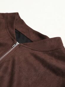 Easura Deep Brown Faux Suede Ribbed Collar Zip-Up Hooded Jacket, Vintage Plus Size Coat, Suitable For Daily Commute, Street Shopping And Autumn Casual Wear - Coffee Brown - View 7
