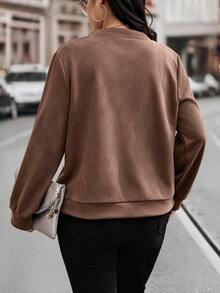 Easura Deep Brown Faux Suede Ribbed Collar Zip-Up Hooded Jacket, Vintage Plus Size Coat, Suitable For Daily Commute, Street Shopping And Autumn Casual Wear - Coffee Brown - View 2