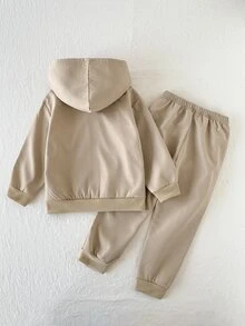 SHEIN Playful Pals 2件組小男孩休閒拼接純色長袖舒適保暖內裡拉鍊外套與長褲套裝，適合日常休閒戶外穿著，秋冬款 - 卡其色 - 查看 2