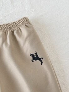 SHEIN Playful Pals 2件組小男孩休閒拼接純色長袖舒適保暖內裡拉鍊外套與長褲套裝，適合日常休閒戶外穿著，秋冬款 - 卡其色 - 查看 7
