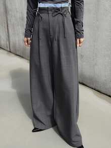 FRIFUL Women's Waist Tie Pleated Design Wide Leg Loose Fit Suit Pants Vacation - Grey - View 6