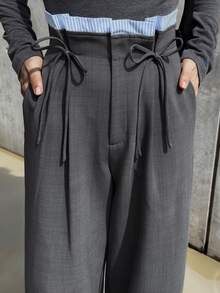 FRIFUL Women's Waist Tie Pleated Design Wide Leg Loose Fit Suit Pants Vacation - Grey - View 9