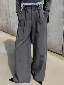FRIFUL Women's Waist Tie Pleated Design Wide Leg Loose Fit Suit Pants Vacation - Grey - View 8