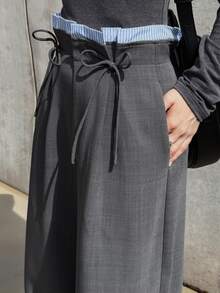 FRIFUL Women's Waist Tie Pleated Design Wide Leg Loose Fit Suit Pants Vacation - Grey - View 7