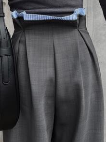FRIFUL Women's Waist Tie Pleated Design Wide Leg Loose Fit Suit Pants Vacation - Grey - View 3