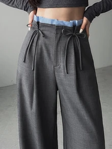 FRIFUL Women's Waist Tie Pleated Design Wide Leg Loose Fit Suit Pants Vacation - Grey - View 1