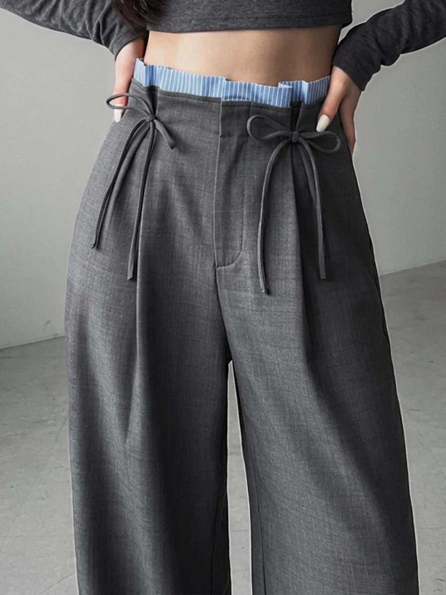 FRIFUL Women's Waist Tie Pleated Design Wide Leg Loose Fit Suit Pants Vacation - Grey - View 1