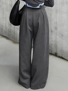 FRIFUL Women's Waist Tie Pleated Design Wide Leg Loose Fit Suit Pants Vacation - Grey - View 5