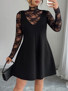 SHEIN LUNE CURVE Women's Plus Size Spring/Autumn Elegant Gothic Curve Lace T-Shirt Loose A-Line Dress 2 Pieces Set Daily Wear Night Club Halloween Black - Black - View 5