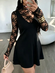 SHEIN LUNE CURVE Women's Plus Size Spring/Autumn Elegant Gothic Curve Lace T-Shirt Loose A-Line Dress 2 Pieces Set Daily Wear Night Club Halloween Black - Black - View 1