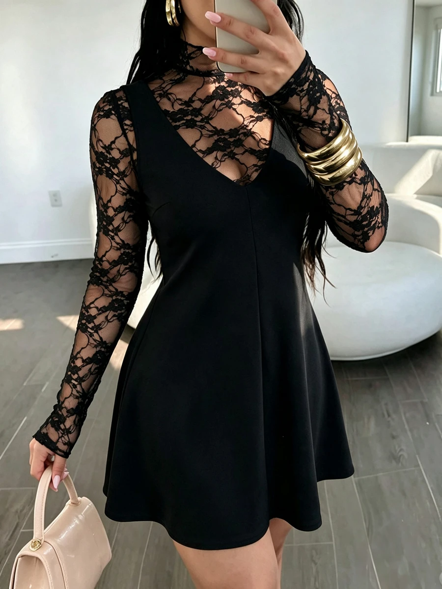 SHEIN LUNE CURVE Women's Plus Size Spring/Autumn Elegant Gothic Curve Lace T-Shirt Loose A-Line Dress 2 Pieces Set Daily Wear Night Club Halloween Black - Black - View 1