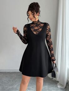 SHEIN LUNE CURVE Women's Plus Size Spring/Autumn Elegant Gothic Curve Lace T-Shirt Loose A-Line Dress 2 Pieces Set Daily Wear Night Club Halloween Black - Black - View 6