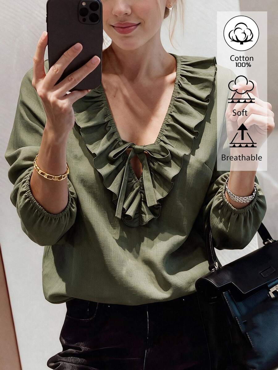 Weeklong Plus Size Cotton Ruffle V Neck Front Tie Petal Sleeve Elastic Cuff Casual Blouse - Army Green - View 1