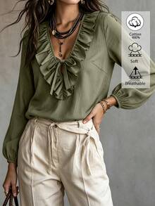 Weeklong Plus Size Cotton Ruffle V Neck Front Tie Petal Sleeve Elastic Cuff Casual Blouse - Army Green - View 4