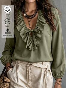Weeklong Plus Size Cotton Ruffle V Neck Front Tie Petal Sleeve Elastic Cuff Casual Blouse - Army Green - View 2