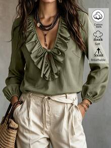Weeklong Plus Size Cotton Ruffle V Neck Front Tie Petal Sleeve Elastic Cuff Casual Blouse - Army Green - View 6