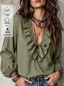 Weeklong Plus Size Cotton Ruffle V Neck Front Tie Petal Sleeve Elastic Cuff Casual Blouse - Army Green - View 5