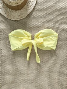 SHEIN Swim 女士夏季海滩纯色抹胸金属装饰比基尼上衣 - 黃色 - 查看 2