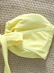 SHEIN Swim 女士夏季海滩纯色抹胸金属装饰比基尼上衣 - 黃色 - 查看 7