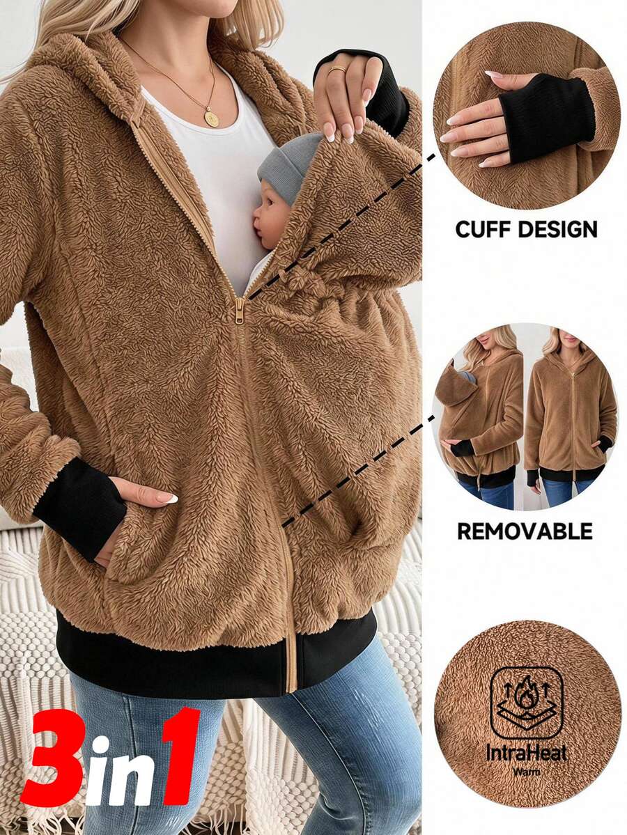 SHEIN Chaqueta de maternidad de unicolor con capucha casual diario 3-en-1 otoño - Camel - Ver 1