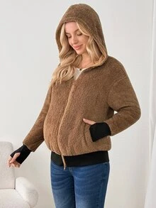 SHEIN Maternity Solid Color Hooded Casual Daily 3-In-1 Jacket Fall - Camel - View 11