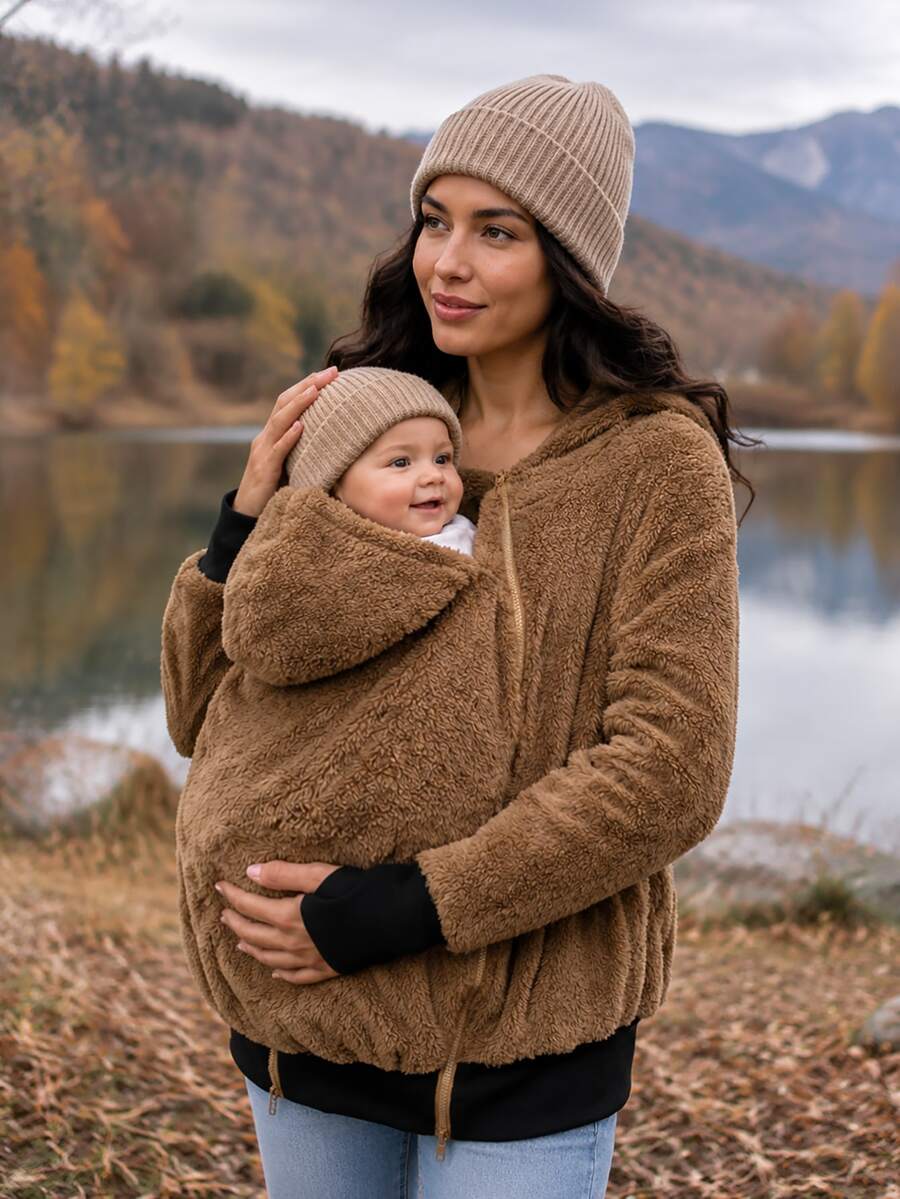 SHEIN Maternity Solid Color Hooded Casual Daily 3-In-1 Jacket Fall - Camel - View 1