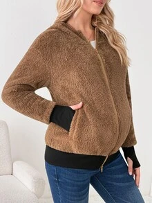 SHEIN Maternity Solid Color Hooded Casual Daily 3-In-1 Jacket Fall - Camel - View 7