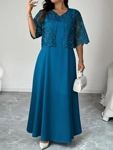 Elenzga Plus Size Blue Autumn Elegant Wedding Guest 2 Pieces Set,Satin A-Line Maxi Dress & 3/4 Sleeve Embroidered Mesh Asymmetrical Hem Jacket,Vacation Wear - Cadet Blue - View 4