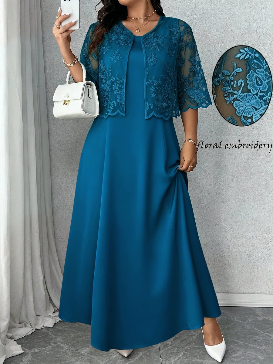 Elenzga Plus Size Blue Autumn Elegant Wedding Guest 2 Pieces Set,Satin A-Line Maxi Dress & 3/4 Sleeve Embroidered Mesh Asymmetrical Hem Jacket,Vacation Wear - Cadet Blue - View 1
