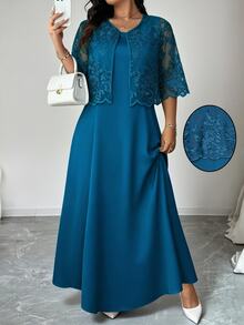 Elenzga Plus Size Blue Autumn Elegant Wedding Guest 2 Pieces Set,Satin A-Line Maxi Dress & 3/4 Sleeve Embroidered Mesh Asymmetrical Hem Jacket,Vacation Wear - Cadet Blue - View 3