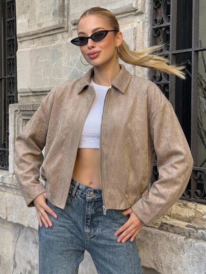 SHEIN Teenageflicka Teen Girls kamelfärgad mocka jacka med slag, lös casual modell