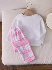 SHEIN 女童修身長袖長褲睡衣，秋季/抓絨布料，仙女公主粉色格紋蝴蝶結刺繡，嬰兒洗禮白色 - 淺粉色 - 查看 4