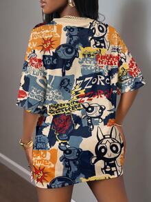 Slaydiva THE POWERPUFF GIRLS X SHEIN 大尺碼全身印花迷你洋裝，適合夏季 - 彩色 - 查看 2