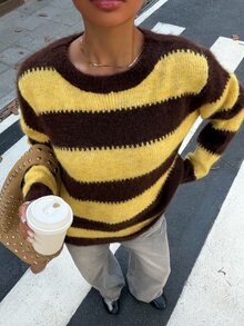 Muchica Minimalist Fashion Contrast Color Round Neck Knit Pullover Sweater - Yellow - View 5