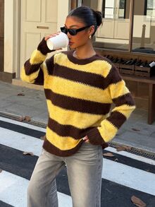 Muchica Minimalist Fashion Contrast Color Round Neck Knit Pullover Sweater - Yellow - View 3