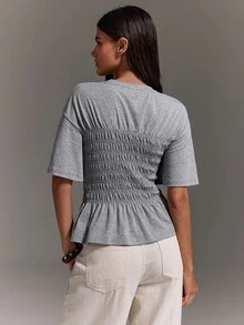 Athîral Women's Cotton Blend Shirred Peplum Crew Neck Short Sleeve Grey Casual T-Shirt Top For Daily, Office, Holiday, Going Out Top - Grey - View 2
