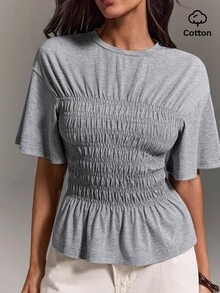 Athîral Women's Cotton Blend Shirred Peplum Crew Neck Short Sleeve Grey Casual T-Shirt Top For Daily, Office, Holiday, Going Out Top - Grey - View 4