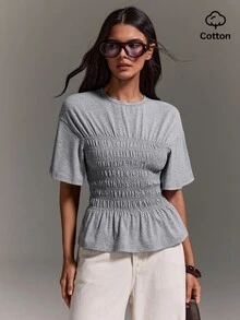 Athîral Women's Cotton Blend Shirred Peplum Crew Neck Short Sleeve Grey Casual T-Shirt Top For Daily, Office, Holiday, Going Out Top - Grey - View 6
