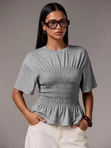 Athîral Women's Cotton Blend Shirred Peplum Crew Neck Short Sleeve Grey Casual T-Shirt Top For Daily, Office, Holiday, Going Out Top - Grey - View 1