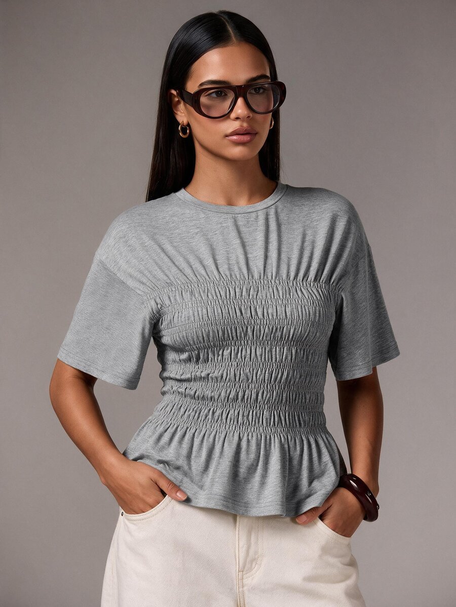 Athîral Women's Cotton Blend Shirred Peplum Crew Neck Short Sleeve Grey Casual T-Shirt Top For Daily, Office, Holiday, Going Out Top - Grey - View 1