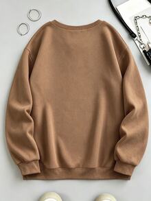 SHEIN 圓領長袖刺繡幽靈秋季氛圍運動衫 - 巧克力棕 - 查看 2