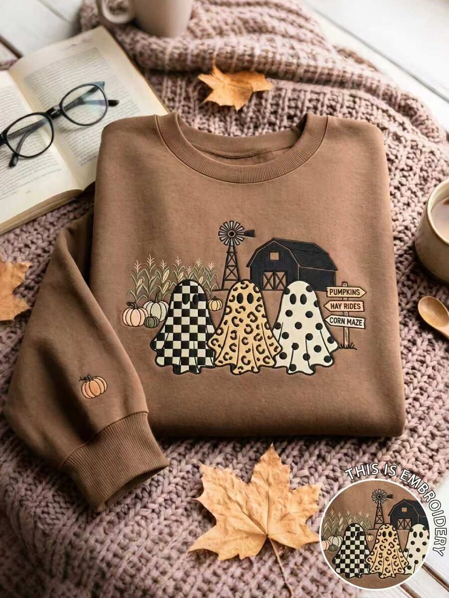 SHEIN 圓領長袖刺繡幽靈秋季氛圍運動衫 - 巧克力棕 - 查看 1
