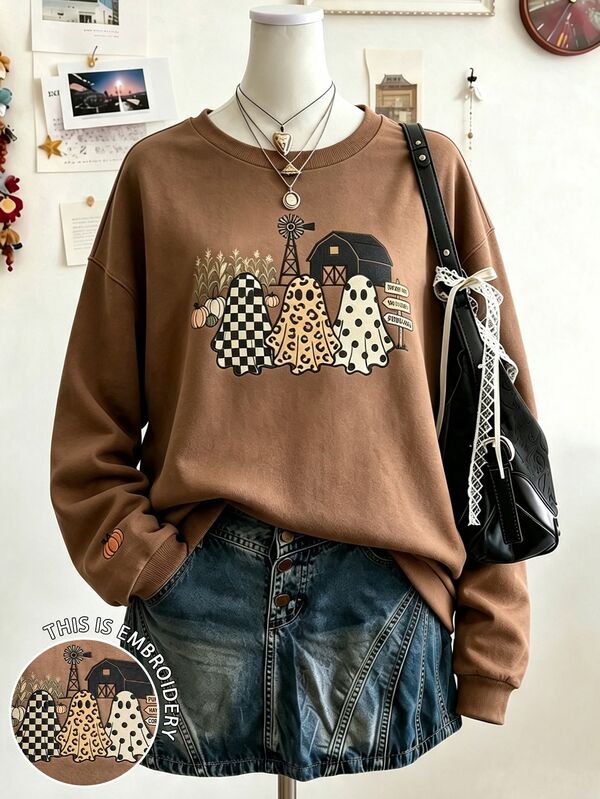 SHEIN Crew Neck Long Sleeve Embroidered Ghost Autumn Vibe  Halloween  Sweatshirt