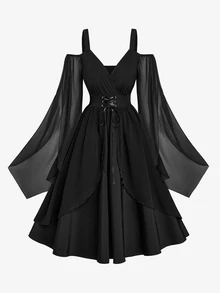 Sweetra Halloween Plus Size Off-Shoulder Spaghetti Strap Bell Sleeve Cinched Waist A-Line Chiffon Black Dress Dark Style Fall - Black - View 8