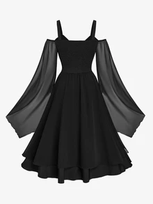 Sweetra Halloween Plus Size Off-Shoulder Spaghetti Strap Bell Sleeve Cinched Waist A-Line Chiffon Black Dress Dark Style Fall - Black - View 2