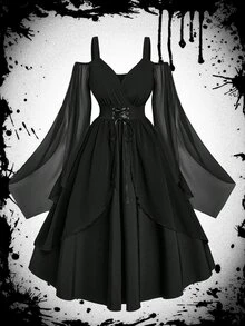 Sweetra Halloween Plus Size Off-Shoulder Spaghetti Strap Bell Sleeve Cinched Waist A-Line Chiffon Black Dress Dark Style Fall - Black - View 1