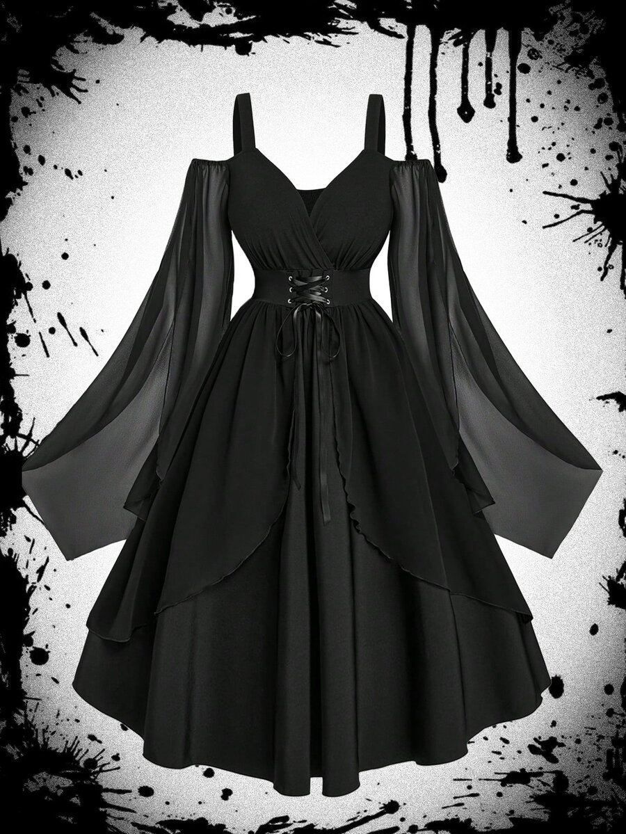 Sweetra Halloween Plus Size Off-Shoulder Spaghetti Strap Bell Sleeve Cinched Waist A-Line Chiffon Black Dress Dark Style Fall - Black - View 1
