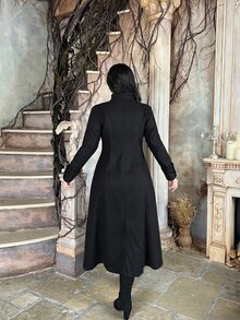 Lyrianda Halloween Goth Plus Size Long Sleeve Black Fashion British Women Cinched Waist A-Line Long Overcoat Winter - Black - View 2