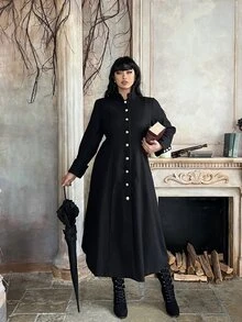 Lyrianda Halloween Goth Plus Size Long Sleeve Black Fashion British Women Cinched Waist A-Line Long Overcoat Winter - Black - View 7